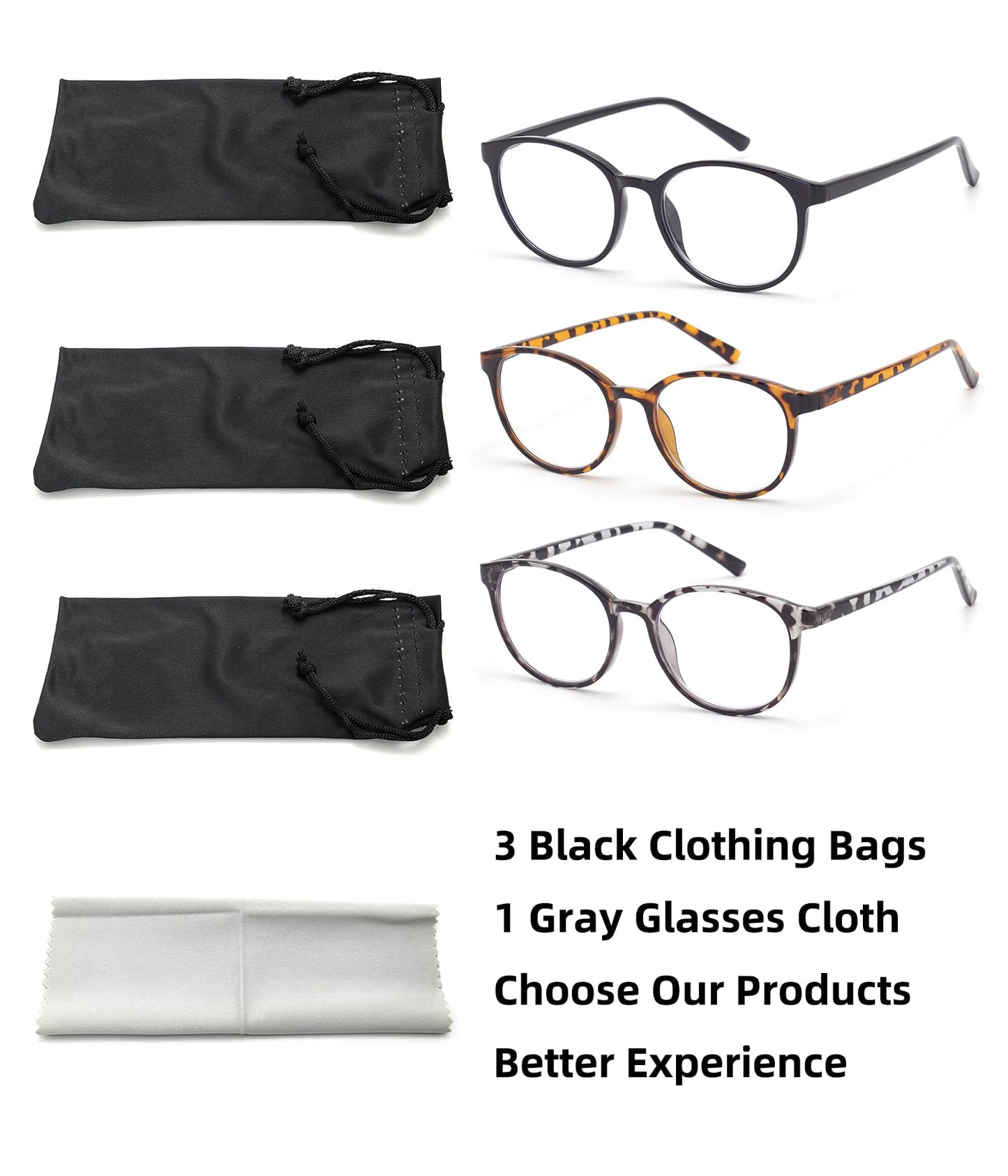 FoxMook 3-Pack Blue Light Blocking Glasses Round Women Men Computer Glasses Anti Eye Strain/UV/Glare Gaming Glasses, Black Brown-Tortoise Gray-Tortoise