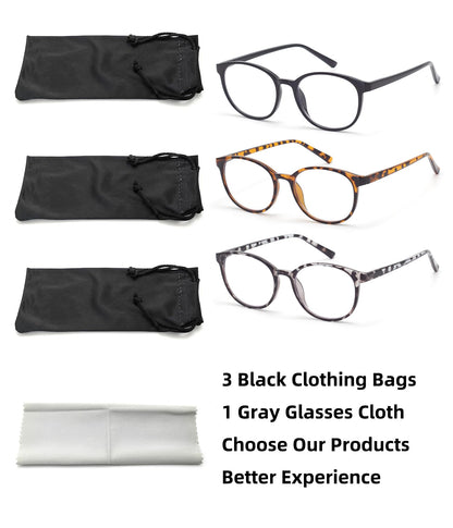 FoxMook 3-Pack Blue Light Blocking Glasses Round Women Men Computer Glasses Anti Eye Strain/UV/Glare Gaming Glasses, Black Brown-Tortoise Gray-Tortoise