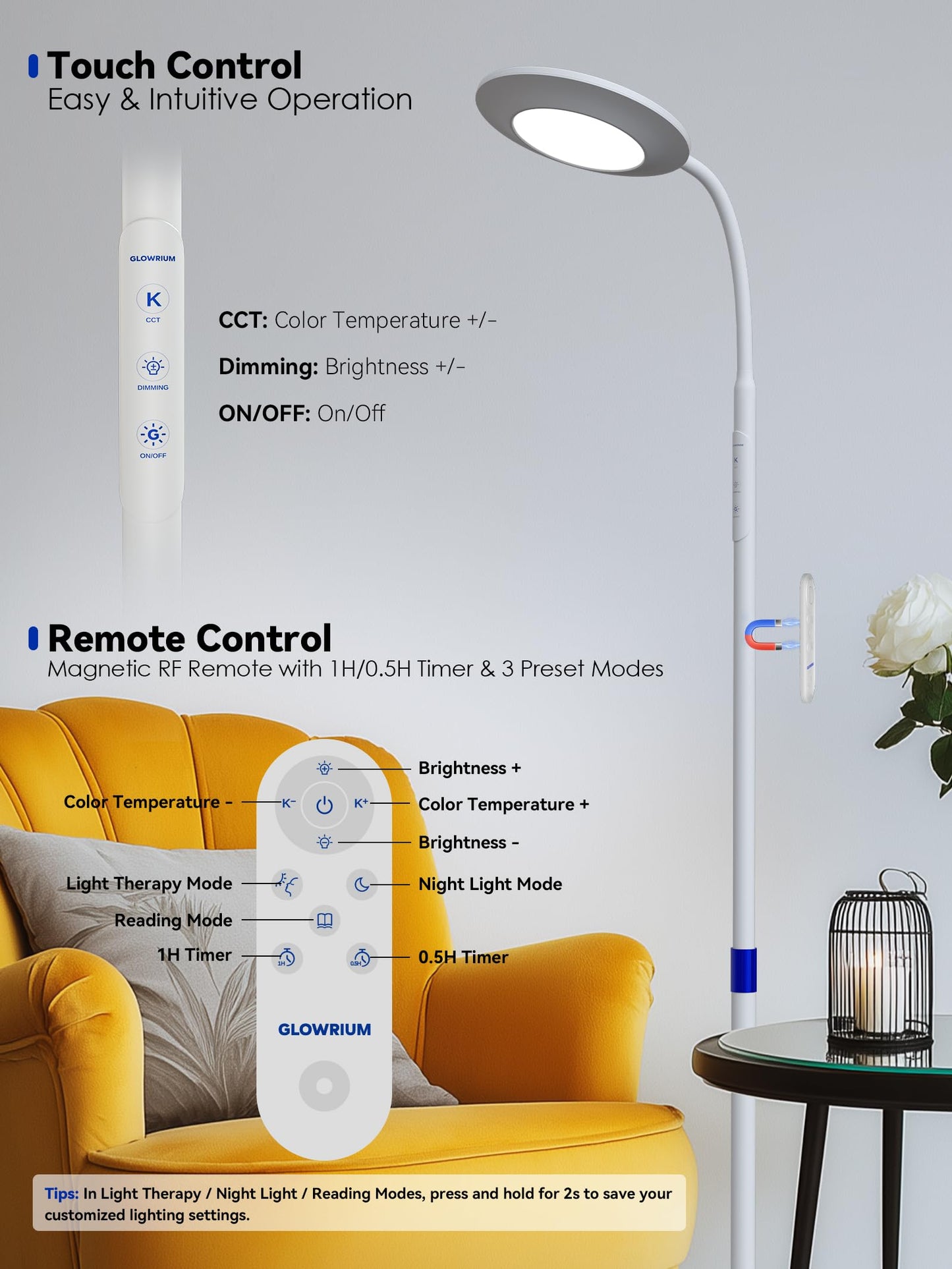 48000 LUX UV-Free Sunlight Lamp, 36W Bright LED Floor Lamp, Full Spectrum Sun Lamp, 7 Brightness Levels 4 Color Temps with Remote, Adjustable Height Reading Floor Lamp for Living Room Bedroom Office