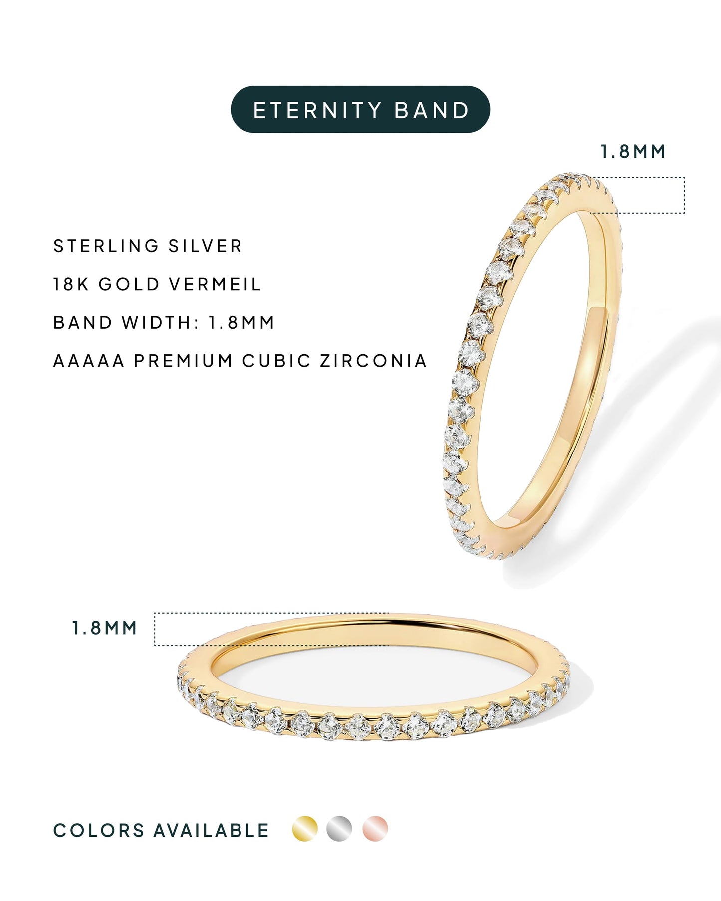 PAVOI 18K Rose Gold Vermeil 925 Sterling Silver Stackable CZ Ring for Women | Thin Band for Stacking | Simulated Diamond Eternity Wedding Band | Size 7