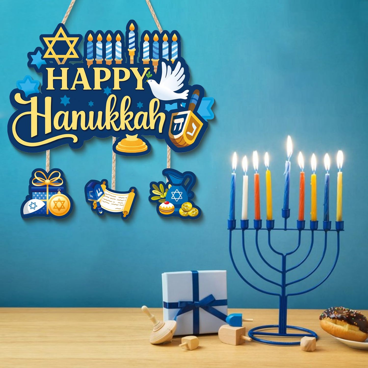 Aurlan Happy Hanukkah Door Sign,Hanukkah Wooden Wall Hanging,Jewish New Year Door Decor,Chanukah Wood Hanging,Chanukah Candlestick Wall Sign,Candle Pigeon Sufganiyot Decor for Porch Yard Home Room Office