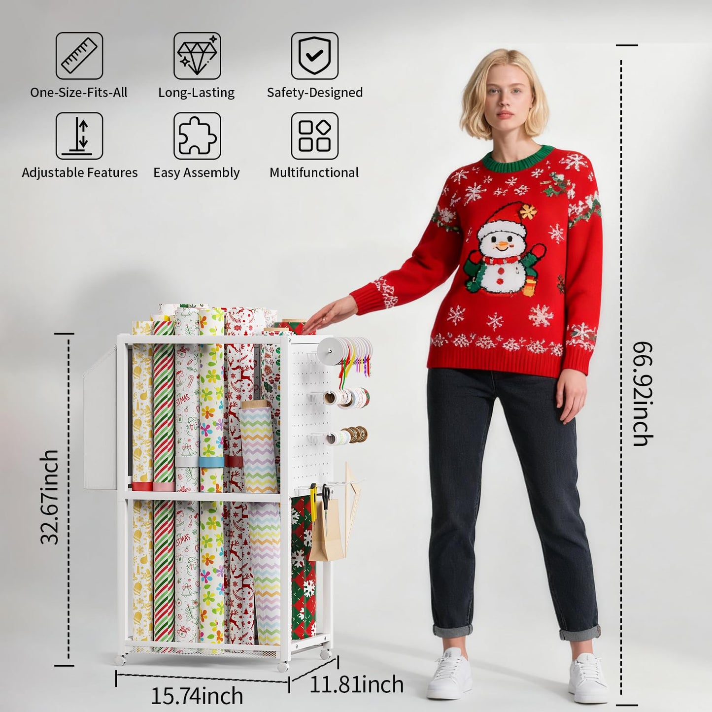 Wrapping Paper Organizer with Wheels, Metal Gift Wrap Storage Cart, Vertical Craft Organizer with 16 Slap Bands for Wrapping Paper Rolls, Wrapping Supplies Storage