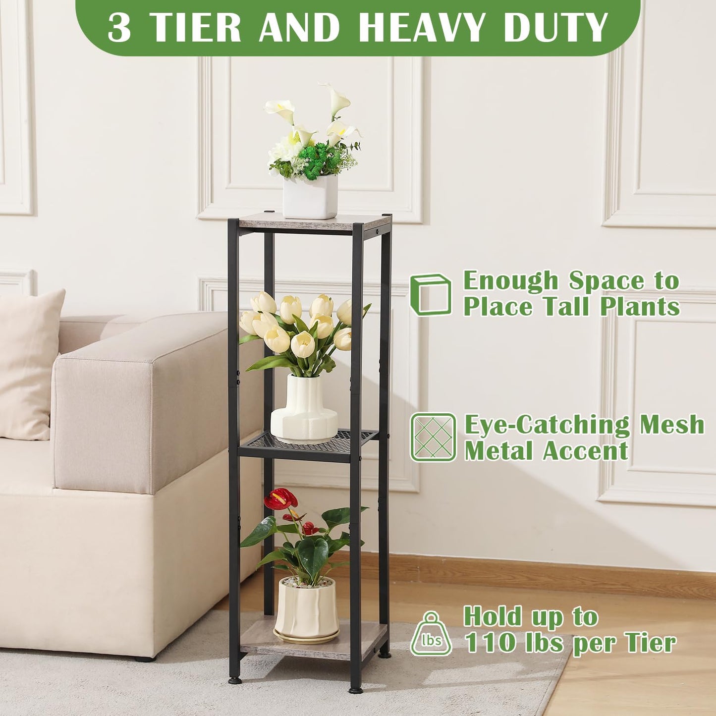 Dipion Extra Tall Plant Stand Indoor,40 Inch Plant Stands,3 Tier Metal Plant Stand with Heavy Duty Wood and Metal Mesh Shelf,Greige and Black