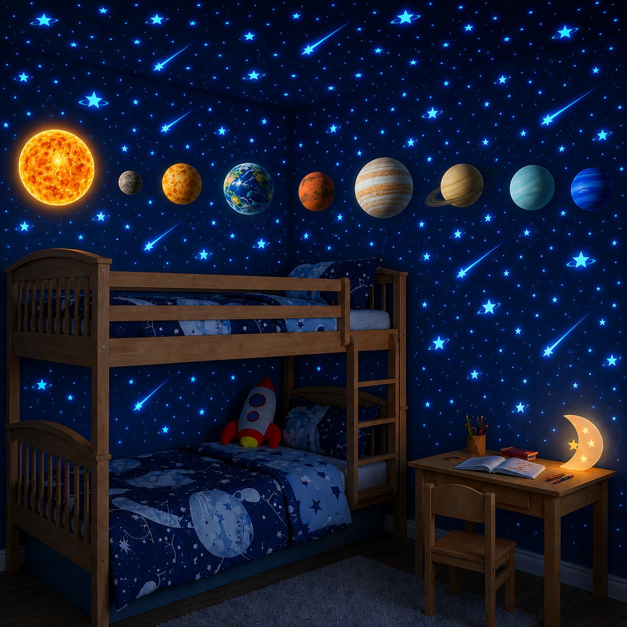 Glow in The Dark Stars and Planets, Bright Solar System Wall Stickers -Glowing Ceiling Decals for Kids Bedroom Any Room,Shining Space Decoration, Birthday Christmas Gift for Boys and Girls (Blue)