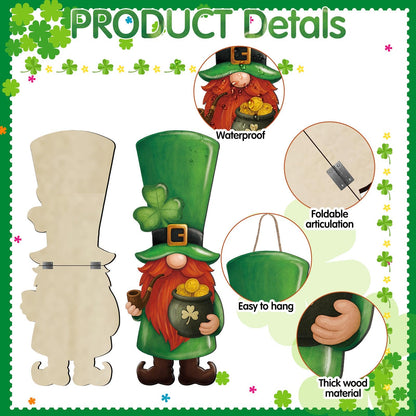 Thyle 2 Pcs Wooden St. Patrick's Day Gnomes Sign 32.3 x 12.2 Inch Irish Hanging Gnomes Front Door Decor Shamrock Lucky Green Hanger for Outdoor Indoor Front Porch Home Wall Supplies