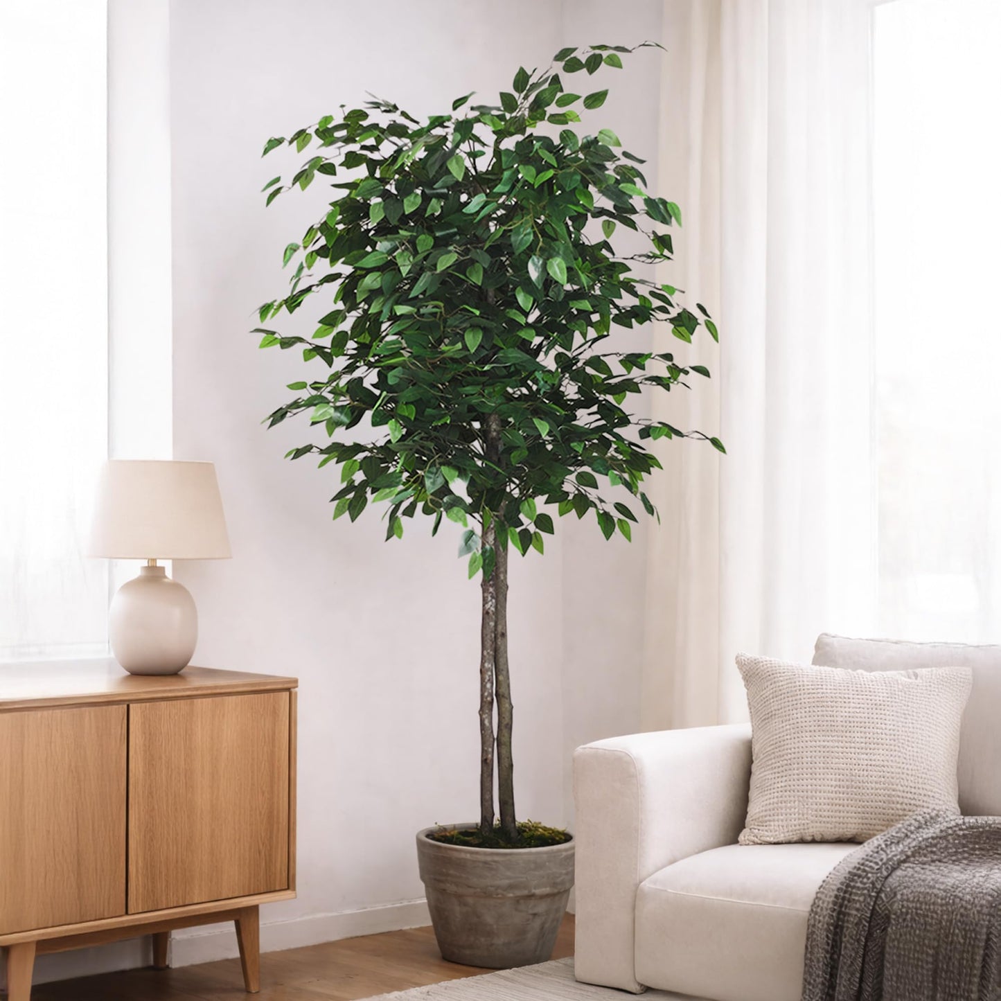 Maia Shop 2 Pack 6ft Artificial Ficus Tree Indoor - Tall Faux Plant with Natural Wood Trunk in Designer Pot with Wood Chips - Fake Plant for Home Office & Living Room Decor