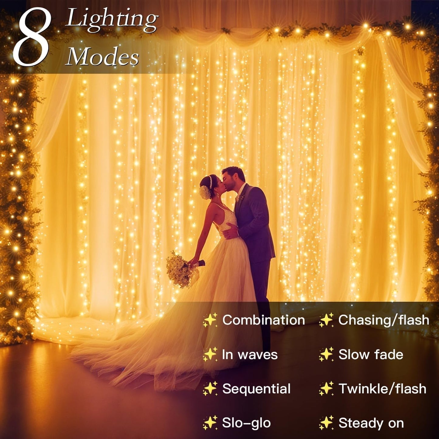 Soagrc 300 LED Warm White Curtain String Lights 9.8x9.8FT, Plug in Fairy Lights with 9 Hooks, Dimmable, Timer & 8 Modes, IP44 Waterproof, Bedroom Wall Wedding Backdrop Christmas Indoor Outdoor Decor