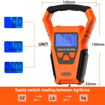 Dr.meter Fish Scale Waterproof: Luggage Weight Scale with Bigger Handle and Hook Upgraded IPX7 110lb/50kg Backlit LCD Display Digital Hanging, Built-in Tape, Battery Included, Fishing Gifts for Men