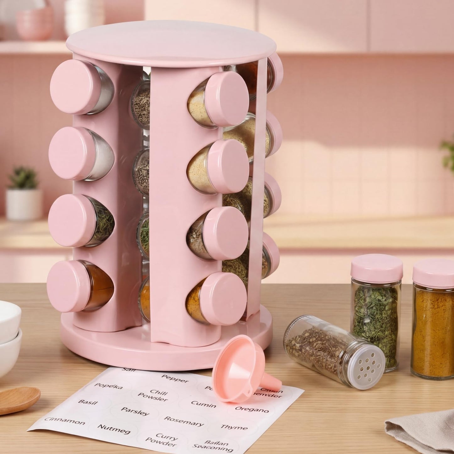 Yungyan Pink Rotating Spice Rack Seasoning Organizer with 16 Empty Jars, Spice Containers Set with Labels and Funnel, Revolving Seasoning Rack for Kitchen Accessories (Stainless Steel,Glass)
