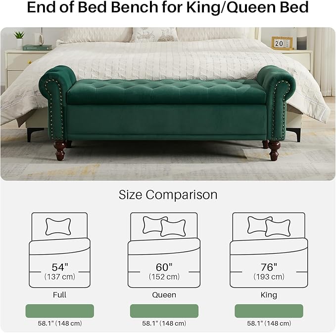 SOFTHION 58.1" Storage Bench Upholstered Velvet End of Bedroom Bed Bench Ottoman