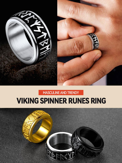 FaithHeart Viking Rings Men Stainless Steel Fidget Ring Spinning Jewellery Norse Runes Band Cool Boys Ring Size O
