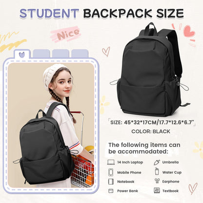 HYC00 School Backpack Womens Causal Travel School Bag for Teenage Girls Boys Secondary Backpack Lightweight 14 Inch Laptop Rucksack Bag for Women Casual Daypack Bookbag for Daily College Work, Black