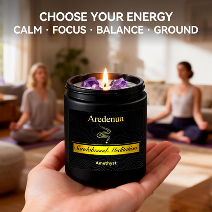 Aredenua Candle for Meditation and Spiritual Practice - Sandalwood Aromatherapy Candle with Amethyst Healing Crystal, Natural Soy Wax Scented Candle for Yoga Mindfulness, 7oz Long Lasting, Zen Gift