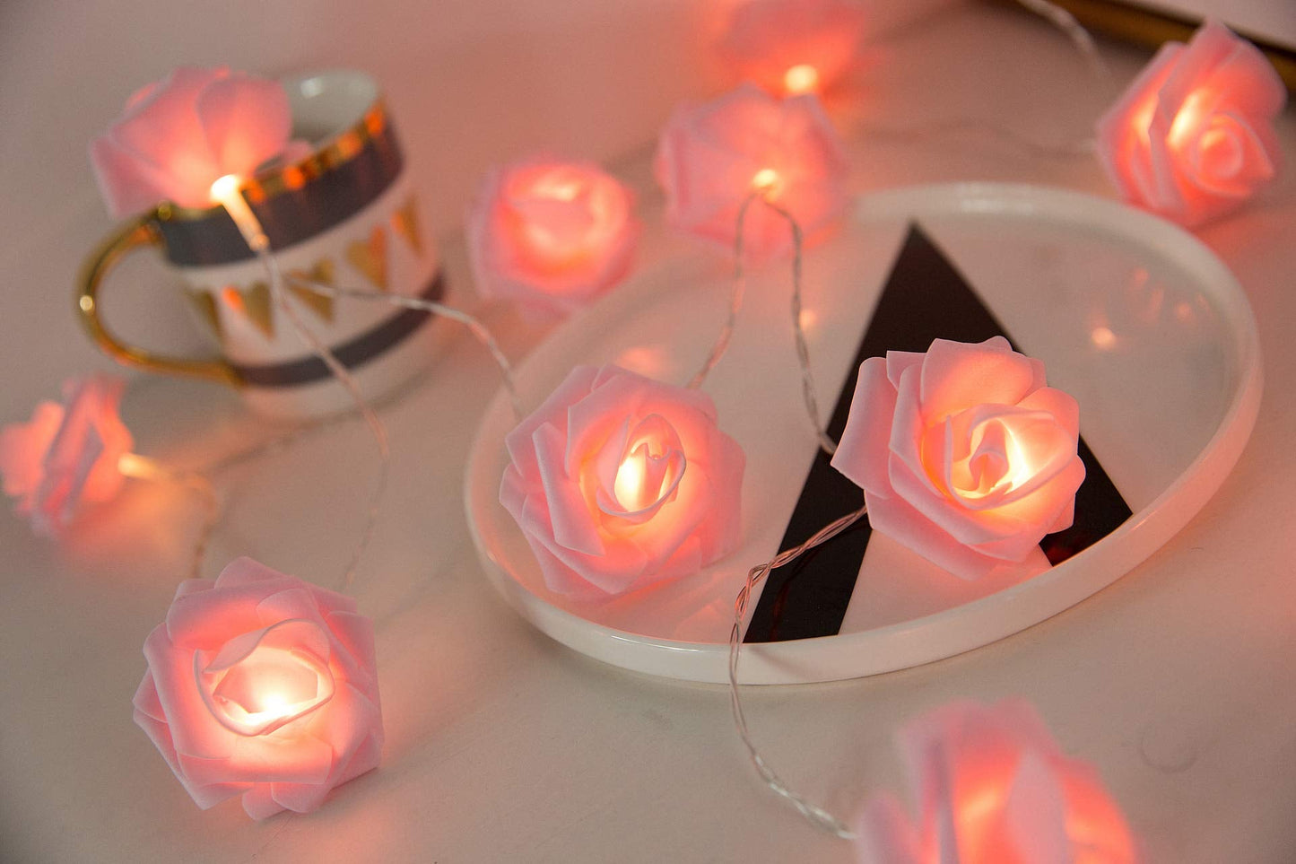 Fantasee LED Pink Rose Flower String Lights Battery Operated for Wedding Home Party Birthday Festival Indoor Outdoor Decorations Large Rose Flower Diameter 6cm (6.6ft 20LED, Pink Rose Warm Lights)