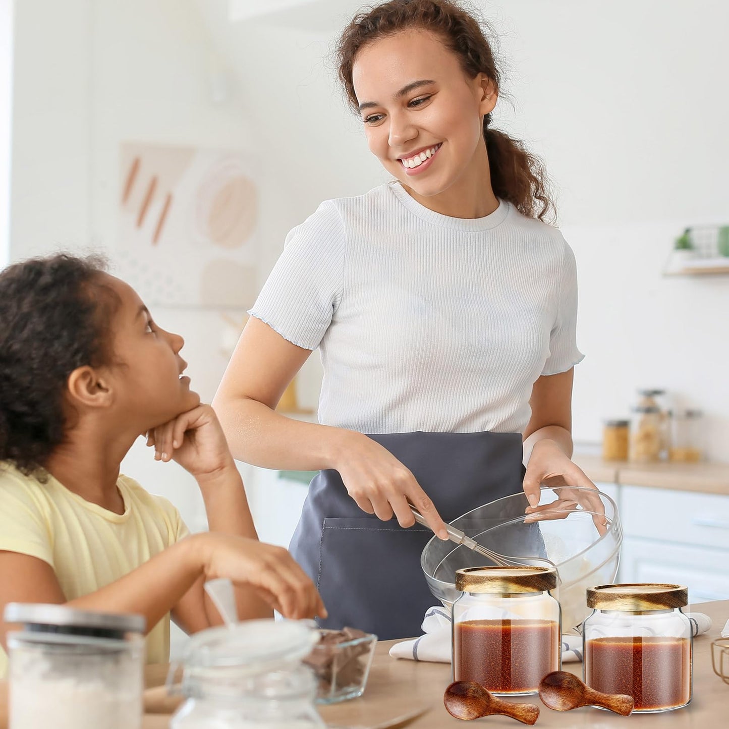 Maxdot 2 Pack Brown Sugar Keeper Container with Spoon, 500 ml / 0.53 Qt Glass Brown Sugar Storage Container with Wooden Spoon and Lid, Clear Glass Storage Jar for Baking, Salt and Snacks Saver