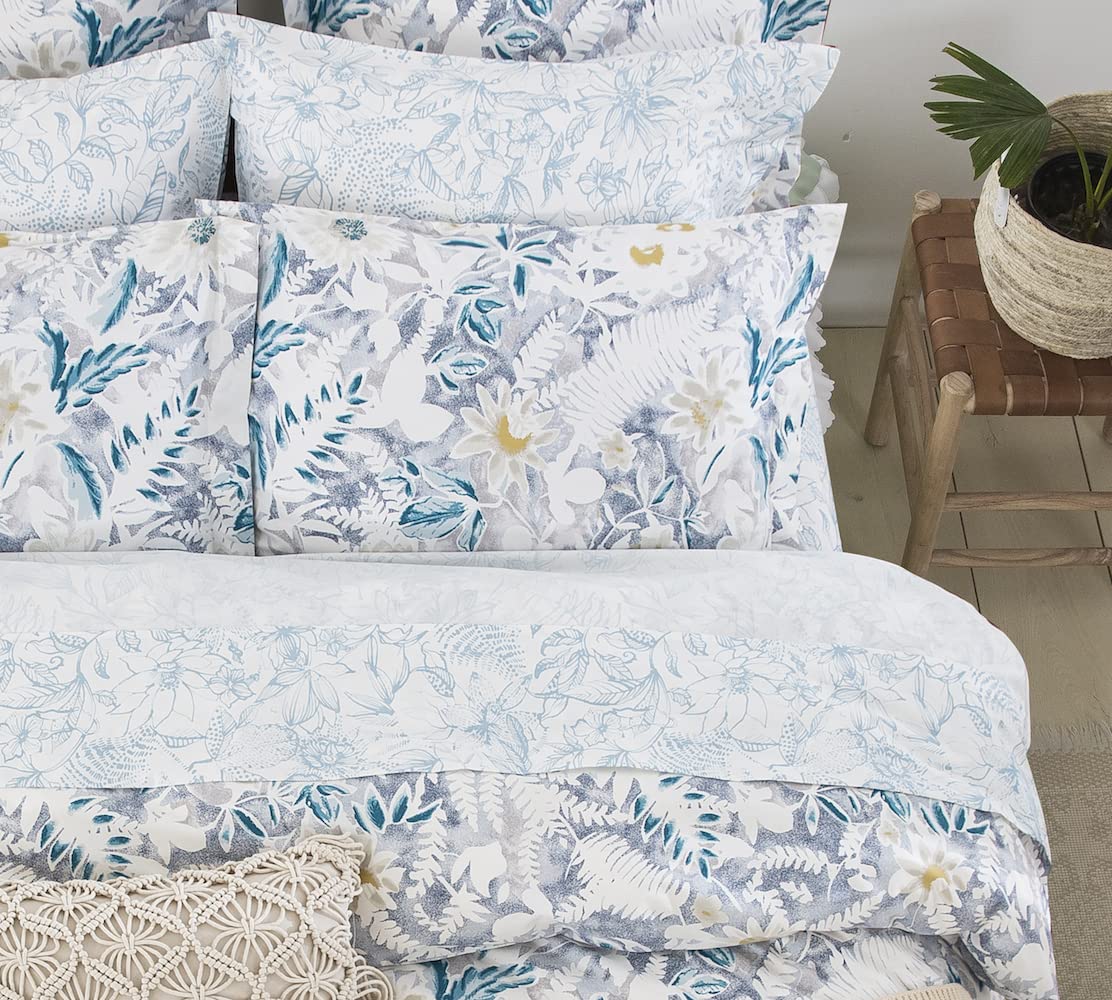 DAUAOTO Cotton Sheets Set Queen Size 4 Pieces Flower Bedding Sets, Aqua Blue Floral Pattern, Up to 14" Deep