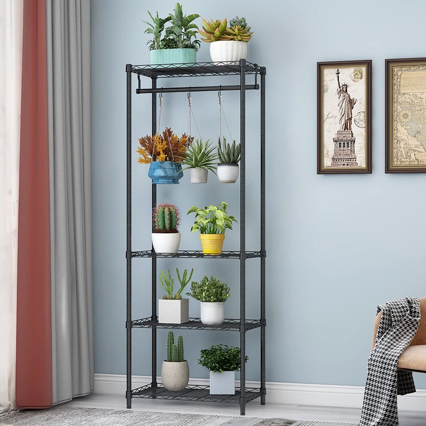 Xiofio 4-Tier Plant Shelf for Indoor Plants Outdoor, Large Multiple Flower Pot Holder Rack，Hanging Plant Stand 6pcs Hooks ,Adjustable Plant Stand Suitable for Bedroom Living Room Balcony Garden,Black