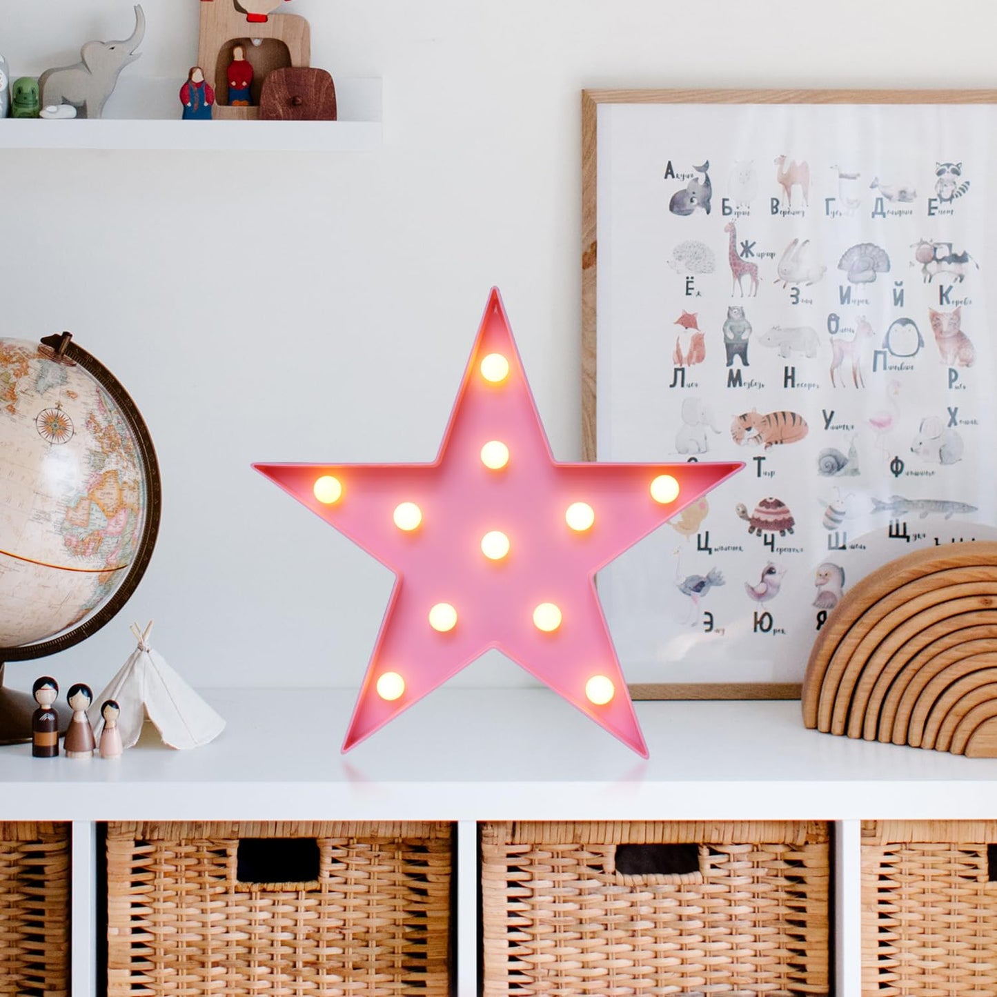 LED Marquee Star Signs Night Lights, Battery Operated Star Shaped Desk Table Lamp for Kids, Baby, Child, Girl Gift, Nursery Room, Wall Decor-Pink