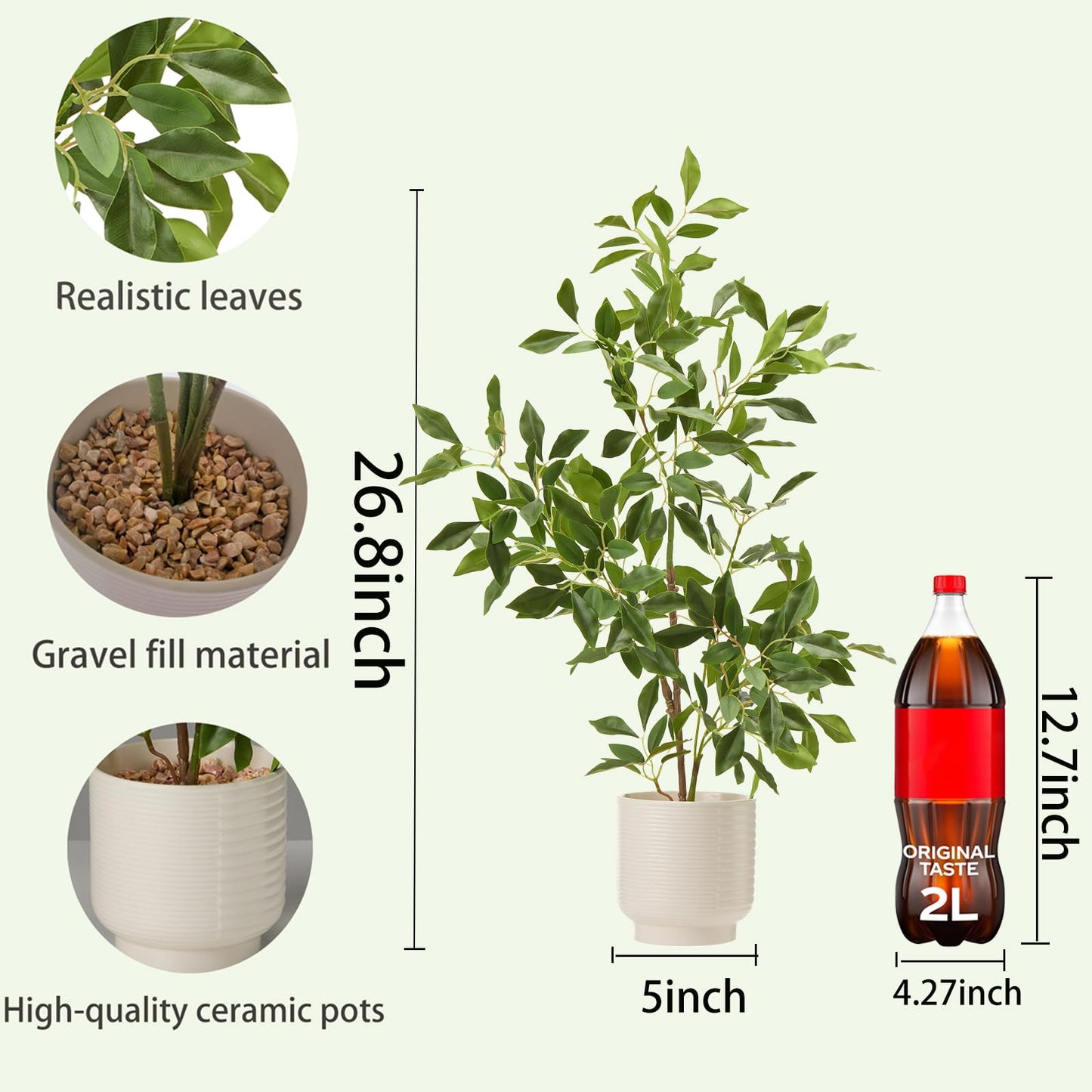 Artificial Potted Plants Indoor,27" Faux Plants Ficus Leaves Trees with Ceramic Pots,Realistic Fake Plant Indoor Potted for Living Room Office Farmhouse Room Bathroom Bedroom Kitchen Plant Decor