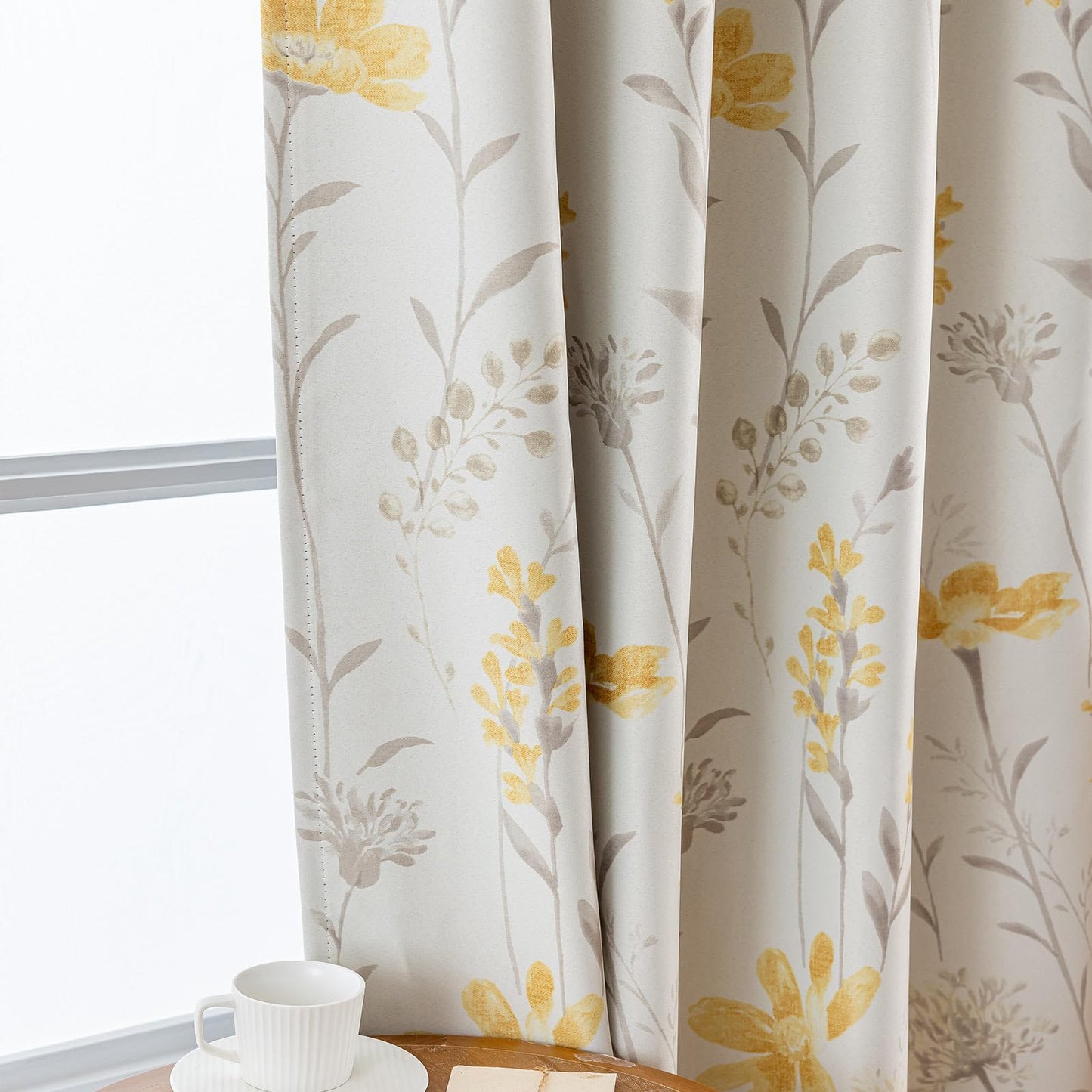 SUOUO Yellow Floral Blackout Curtains for Bedroom 96 inches Long Patterned Grey Leaf Thermal Insulated Window Drapes for Living Room 2 Panels