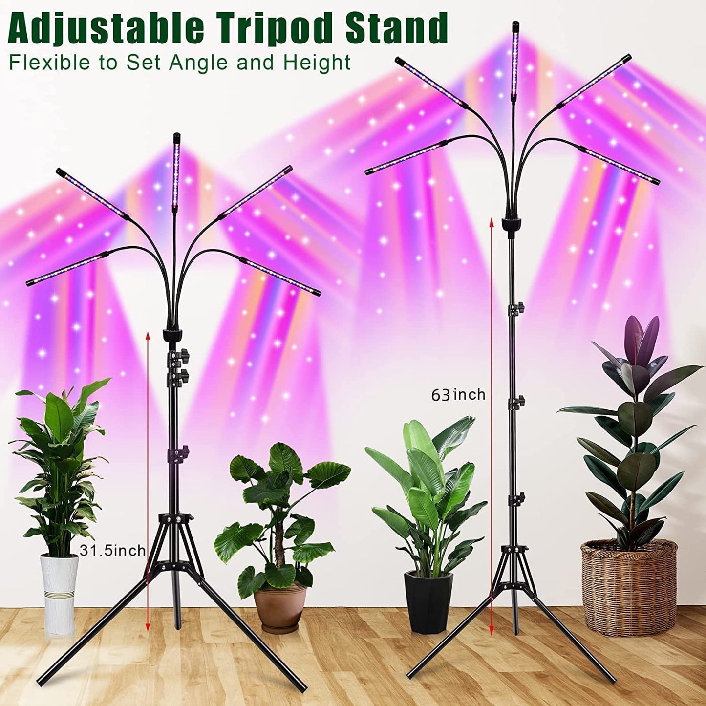 yentbokj Grow Lights for Indoor Plants,5 Heads Red Blue White Full Spectrum Plant Light with 15-60" Adjustable Tripod Stand, Indoor Grow Lamp with Remote Control and Auto On/Off Timer Function