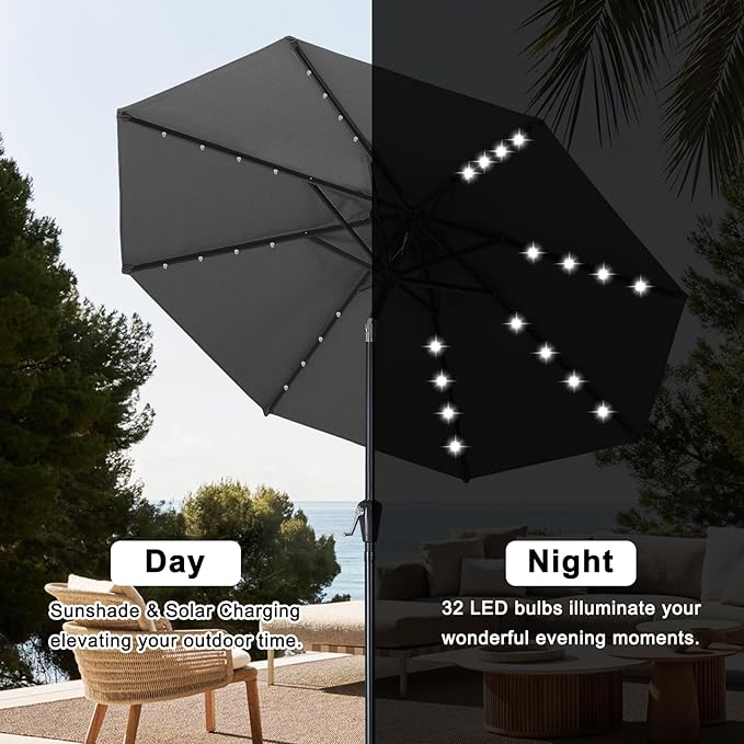 ABCCANOPY 10FT Durable Solar Led Patio Umbrellas with 32LED Lights (Dark Gray)