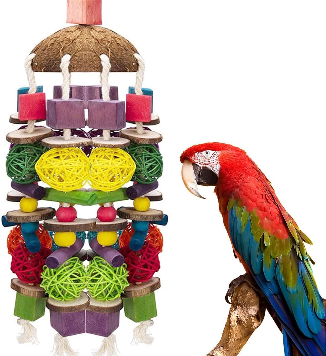 MQUPIN Large Parrot Toys 22 Inch Chewing Parrot Toy Upgraded,Parakeet Cage Bite Toys,Hanging Multicolored Natural Wooden Quaker Parrot Toys African Grey for Large Parrot (Colourful)