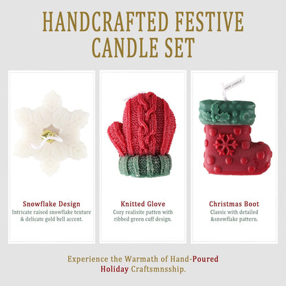 3 Pcs Christmas Snowflake Candles for Table Decorations, Premium Natural Christmas Snow Stocking Glove Shaped Taper Candles with Cotton Wick for Xmas Holiday Party Supplies