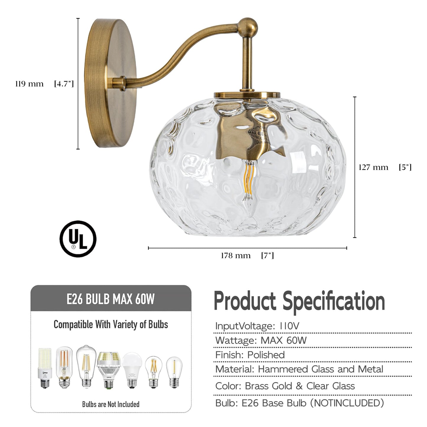 Wrlmfy Modern Iridescent Glass Wall Sconce Gold Brass Wall Light Set of 2 Hammered Clear Glass Vanity Light for Bedroom Hallway Living Room Stairwell Bathroom Over Mirror
