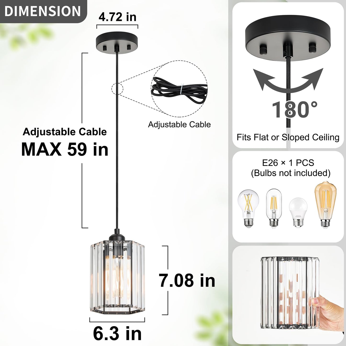 JIMKIGTO 1 Pack K9 Crystal Pendant Lighting, 1-Light Modern Pendant Island Lights, Adjustable Hanging Black Pendant Light Fixture Over Island Lights for Kitchen Dining Room Bedroom Bathroom Over Sink
