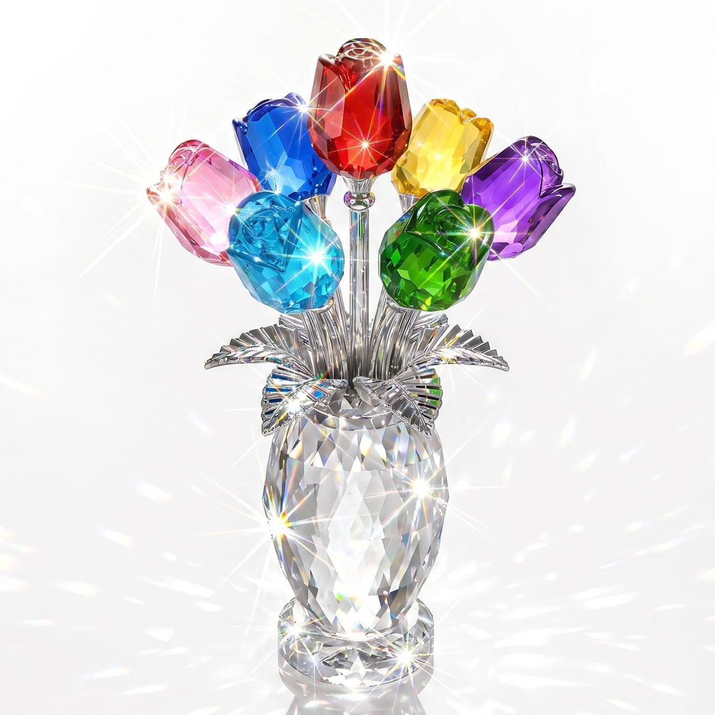 KRISININE Elegant Crystal Rose Figurine 7 Colorful K9 Crystal Flowers Floral Collectible Sculpture Romantic Gift for Valentine’s Day, Mother’s Day, Wedding, Anniversary