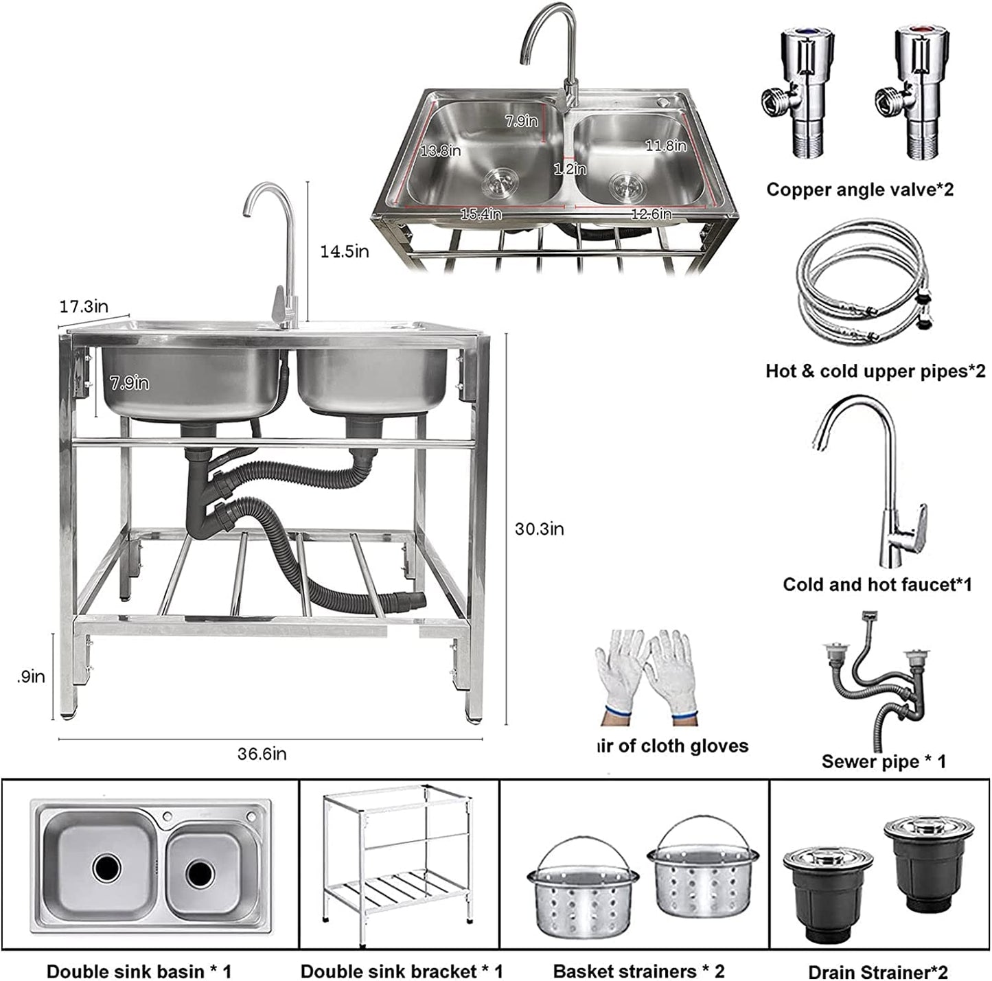 Outdoor Utility Sink Stainless Steel Double Bowl Sink Free Standing Commercial Restaurant Kitchen Sink with Hot and Cold Faucet for Laundry,Garage,Cafe Bar 32.7" x 17.3" x30.3"