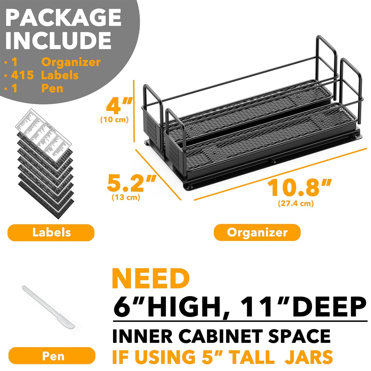 SpaceAid Pull Out Spice Rack Organizer for Cabinet, Heavy Duty Slide Out Seasoning Kitchen Organizer, Cabinet Organizer, with Labels, 5.2" W x10.75 D x10 H, 2 Drawers 2-Tier