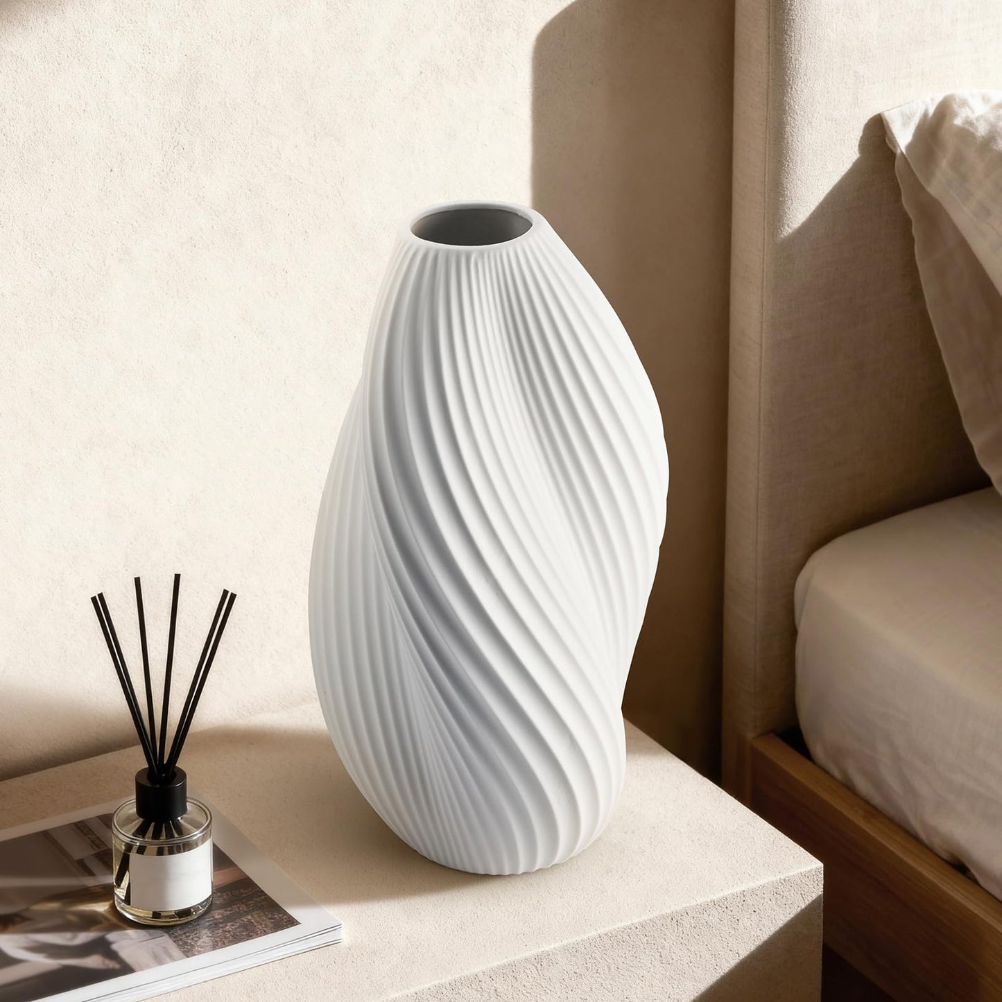 RONDURE 11.9" Modern Ceramic Table Lamp, Fully Dimmable Bedside Lamp for Bedroom Living Room Nightstand, White Translucent Ceramic Shade, Warm Ambient Decorative Corded Lighting, Bulb Included