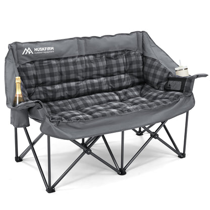 Double Camping Chair Padded 2 Person Camping Chair Camping Loveseat - Heavy Duty Oversized Camping Couch for Adults Outdoor Lawn Beach - Portable Folding Sofa with Cup Holders and Carry Bag, Grey