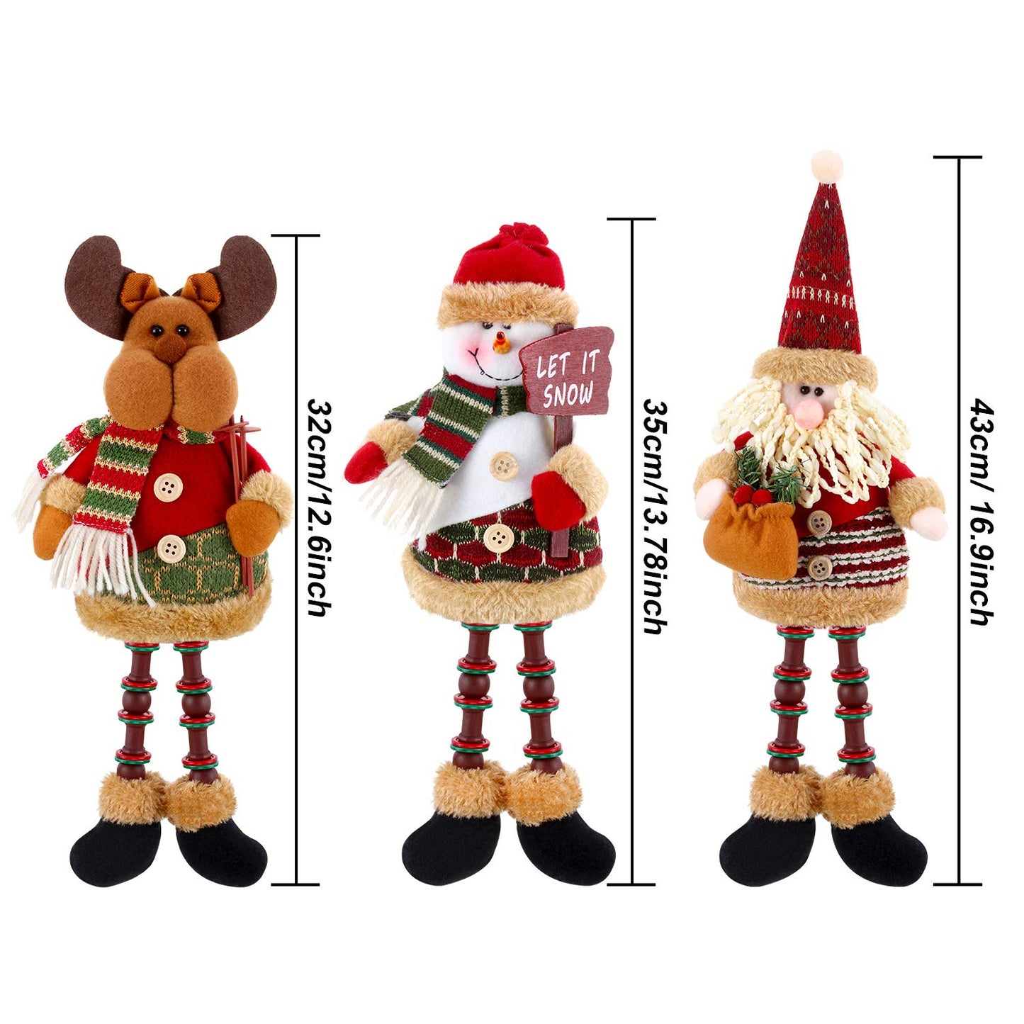 3 Pieces Christmas Sitting Santa Claus Snowman Reindeer Christmas Ornament Long Legs Table Fireplace Decor Home Decoration Christmas Figurines Plush (Santa Claus, Snowman, Elk)