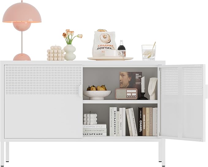 Metal Storage Cabinet, 2 Door TV Stand, Metal Mesh Accent Cabinet, Magnetic