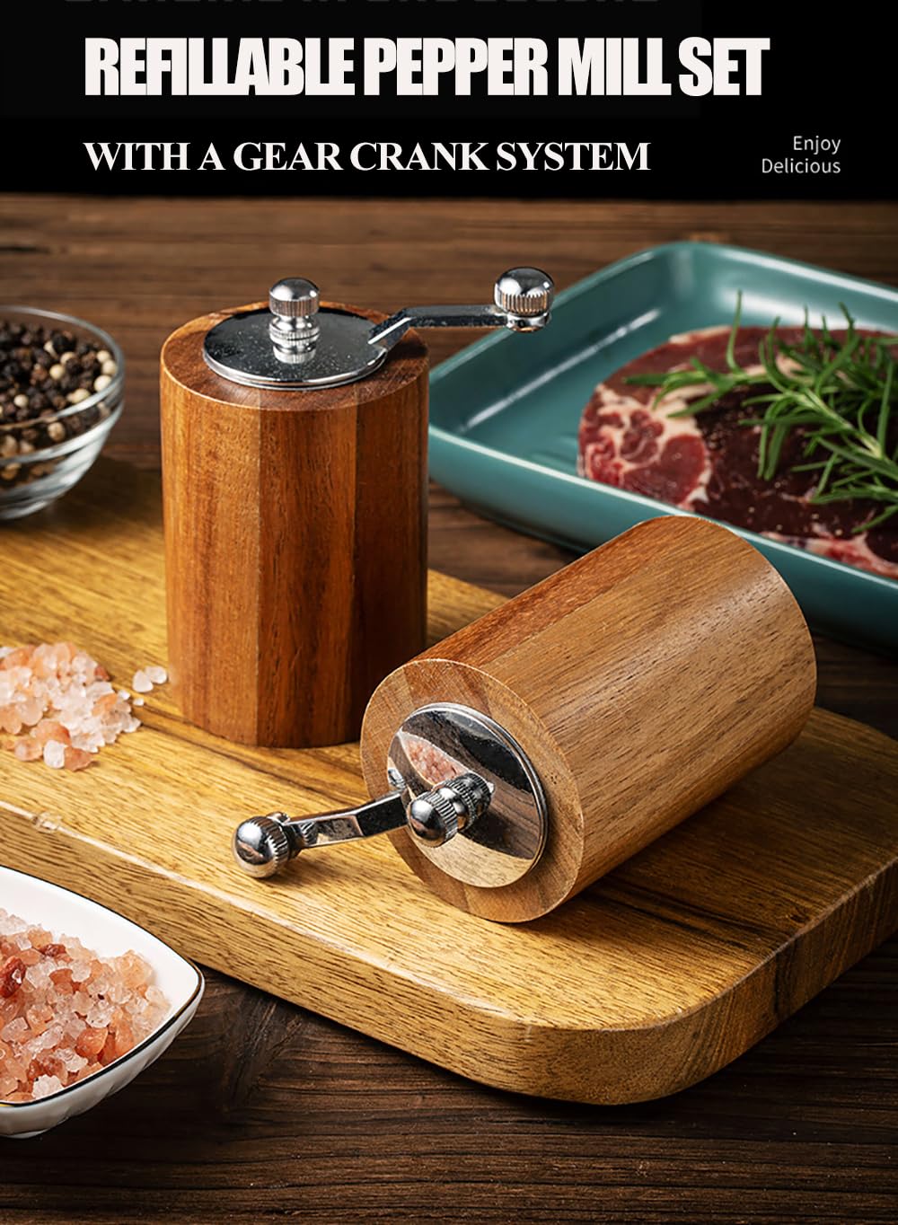 Acacia Wood Salt and Pepper Grinder Mills Sets,Wooden Shakers with Adjustable Ceramic Core,Classic Manual Salt Grinder Refillable Pepper Mill Set with a Gear Crank System for kitchen Spice