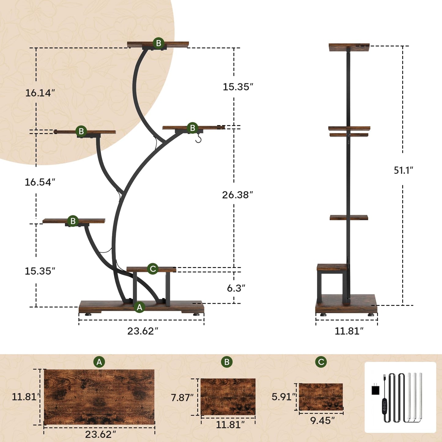 Yzosvki Plant Stand Indoor with Grow Lights, 6 Tiered Large Plant Shelf Flower Stand, Tall Plant Shelves for Living Room, Patio, Corner, Heavy Duty, Rustic Brown and Black