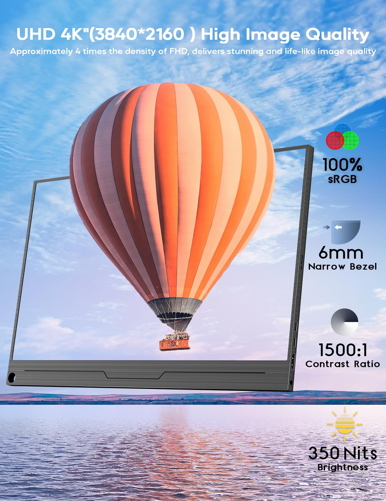 4K Portable Monitor 13.3" 3840 x 2160 UHD USB-C HDMI Laptop Monitor, 100% sRGB IPS Computer Gaming Display HDR Travel Monitor w/Speakers for Laptop Xbox PS5 Switch PC Phone