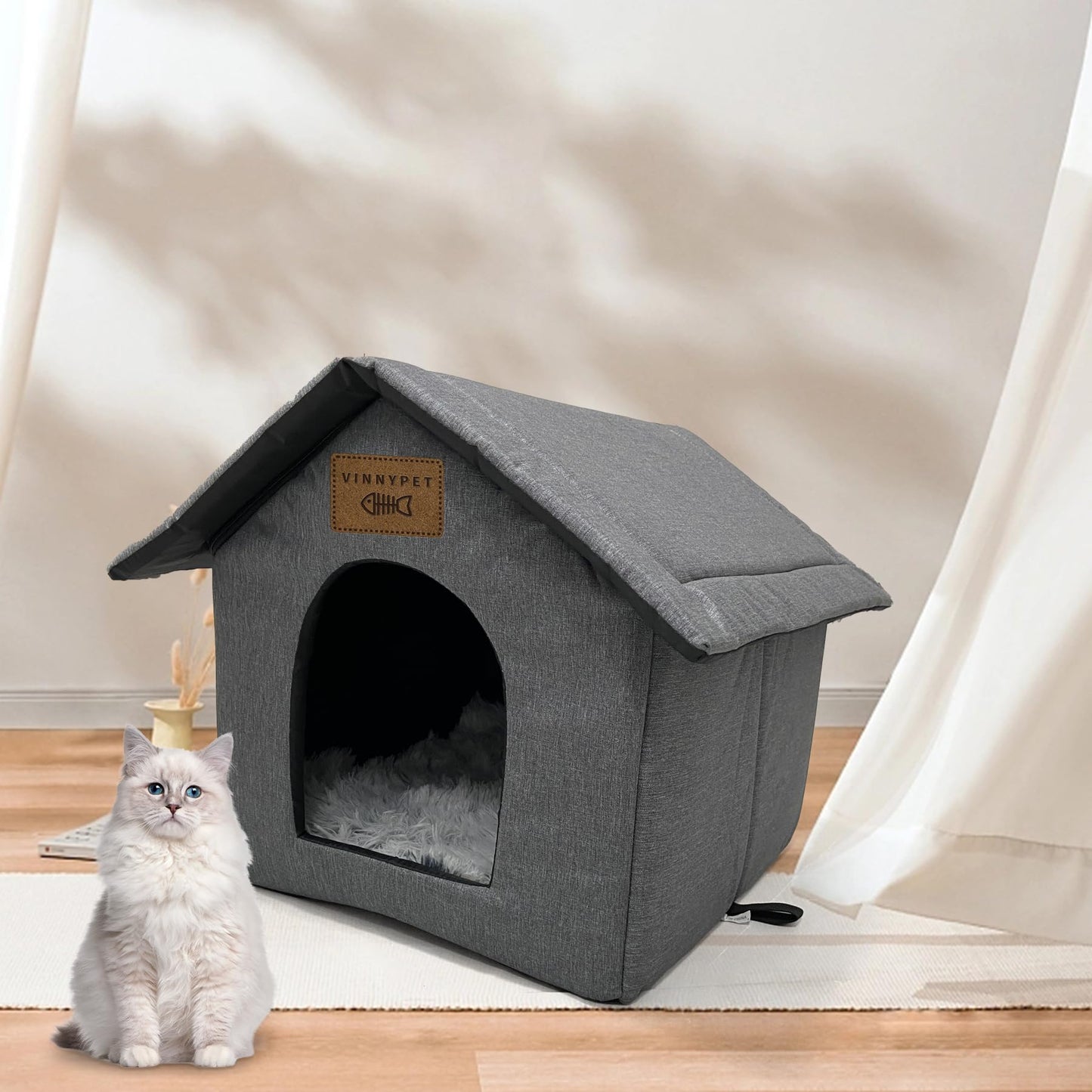 Vinnypet Cat House for Outdoors Waterproof Weatherproof Cat Cave Pet Shelter with Plush Cushion for Feral Cats/Dogs 35x30x35cm