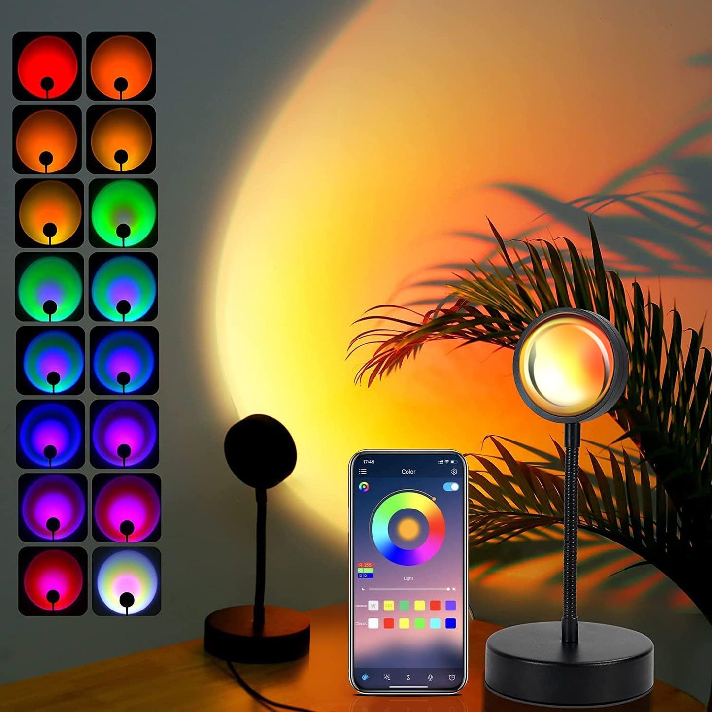 JIMEI Sunset Lamp Projector - Led Lights for Bedroom, RGB Sunrise Lamp, 10w, 360 Rotation, Mood Lighting, Home/Room Decor, Gifts for Women, Desktop APP Control