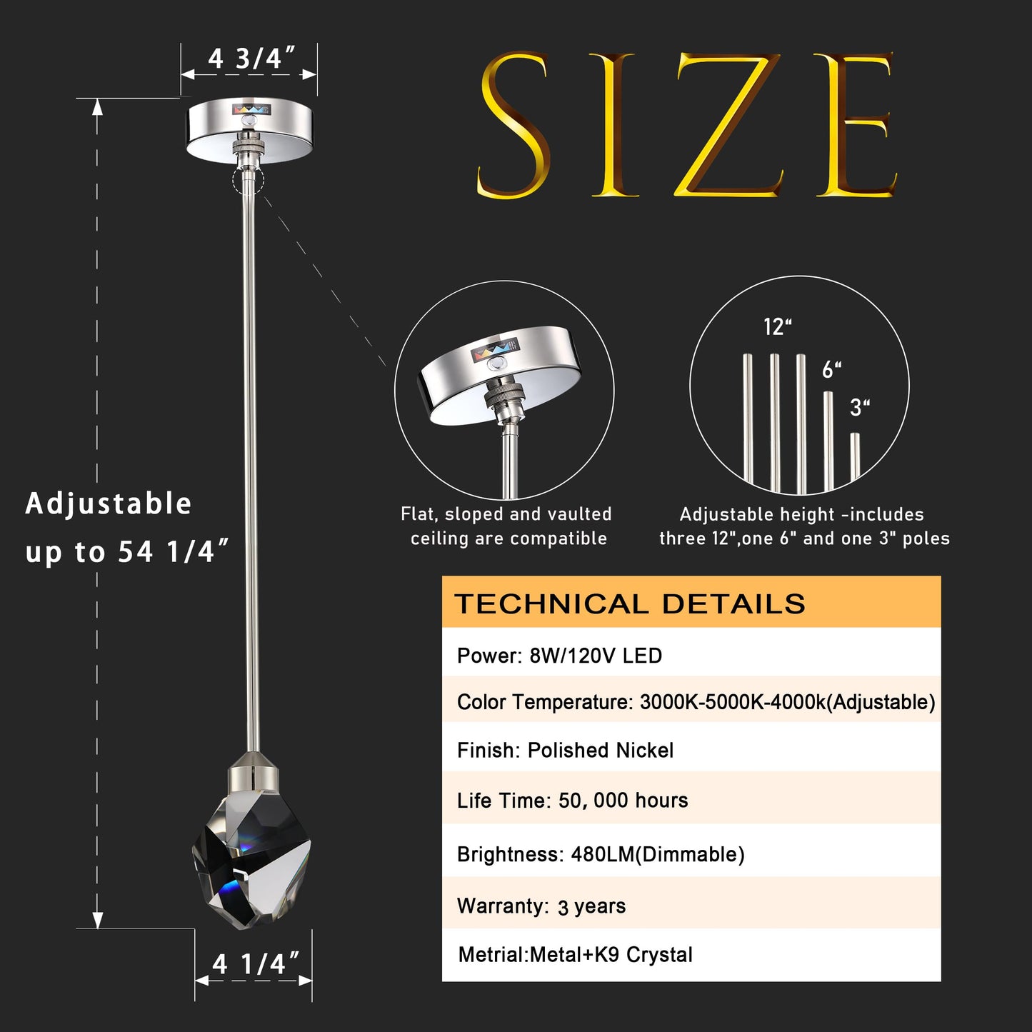 Untrammelife Modern Crystal Pendant Light Polished Nickel Small Pendant Light Fixtures 8W LED Hanging Chandelier for Bathroom Bedroom Kitchen 3 Color Temperature Adjustable 3000K-4000K-5000K