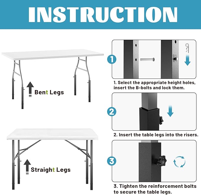 4-Pack Adjustable Folding Table Legs Extension, Heavy-Duty Steel Square