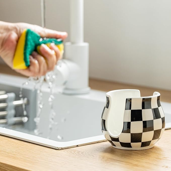 Checkered Sponge Holder for Kitchen Sink, Ceramic Dish Sponge Dish Rack Scrubby