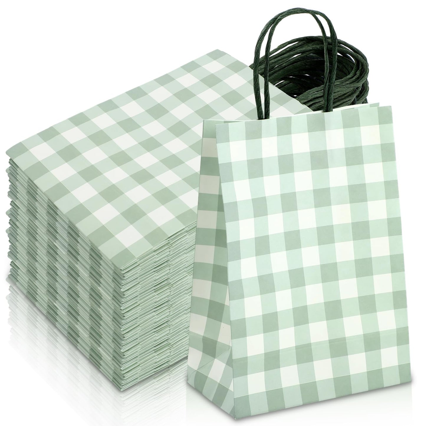 Chinco 30 Pcs Sage Green Gingham Paper Gift Bags Bulk with Handles, Candy Goodie Plaid Bags for Party Favors Supplies, Christmas, Birthday, Baby Shower, Wedding, Candy, Cookies, Gifts