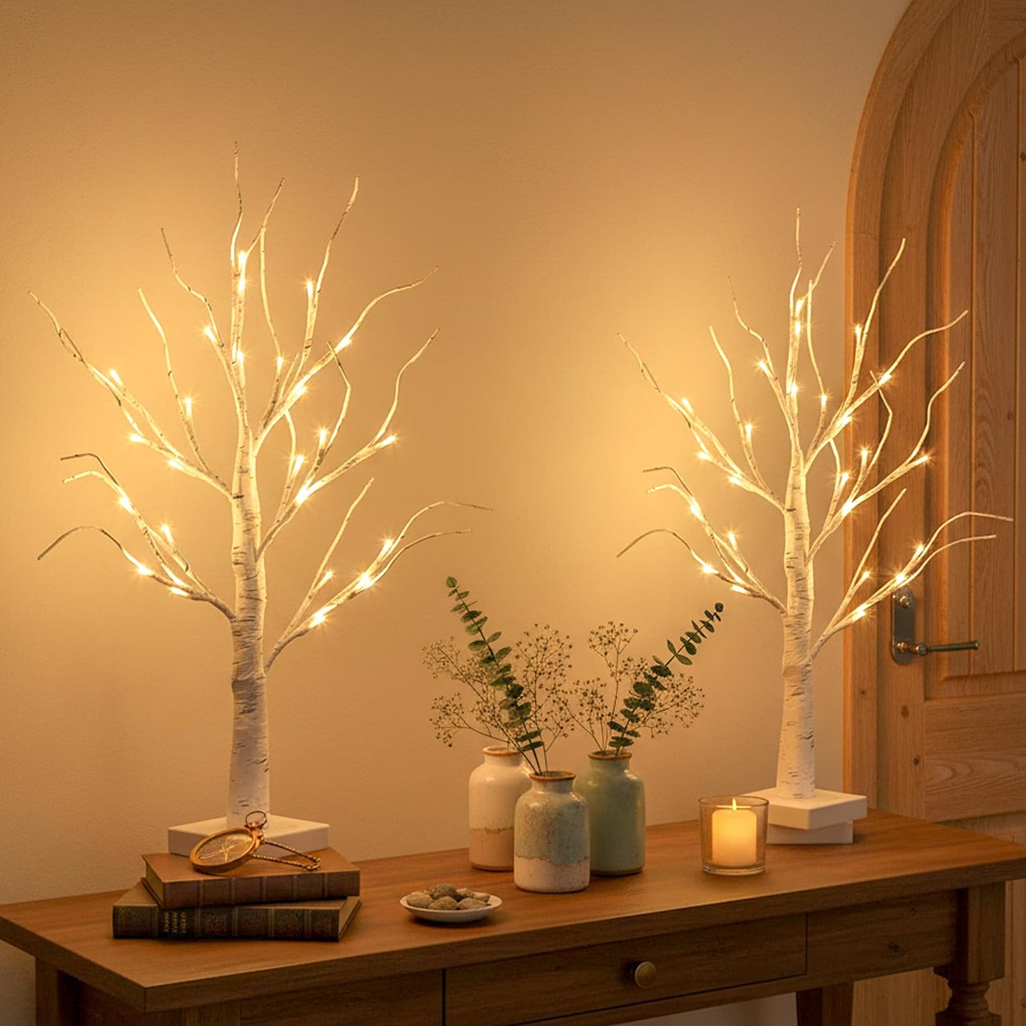 EAMBRITE Lighted Birch Tree Home Decor, Christmas Decorations Indoor 2Pack 24 LED Light Up Tabletop Mini Small Artificial White Trees Lamp with Lights Battery Operated/USB for Table Mantel (2FT)