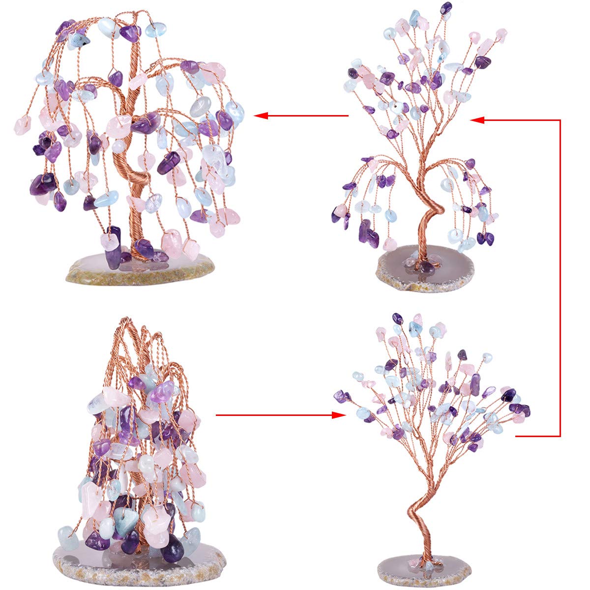 mookaitedecor Amethyst/Rose Quartz/Aquamarine Crystal Tree Tumbled Stones, Geode Agate Slices Base Money Tree Decoration for Wealth and Luck 5.7"-6.7"