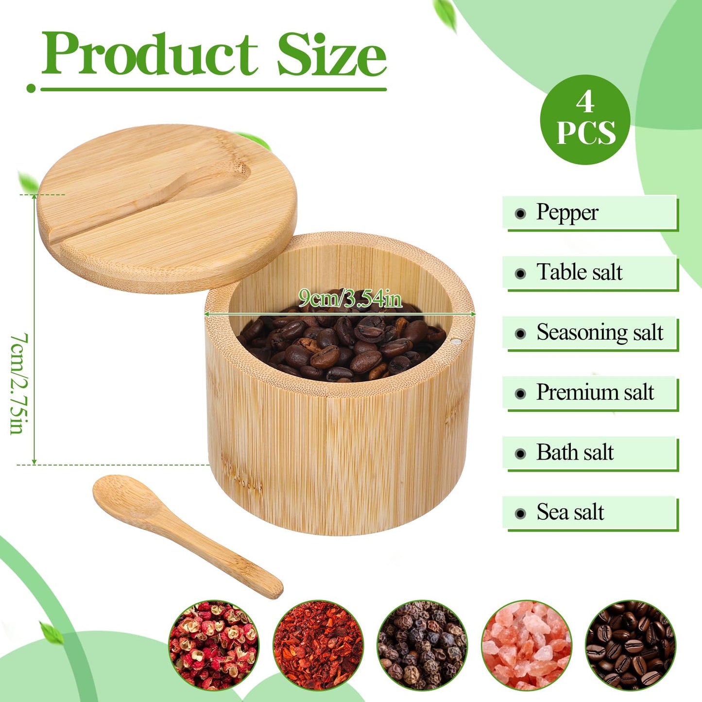 KongTiva 4 Pcs Bamboo Salt Cellar with Built-in Spoon and Magnetic Swivel Lid, Bamboo Salt and Pepper Containers, Seasoning Storage Holder Box for Salt, Pepper, Sugar, Spice, 6 oz