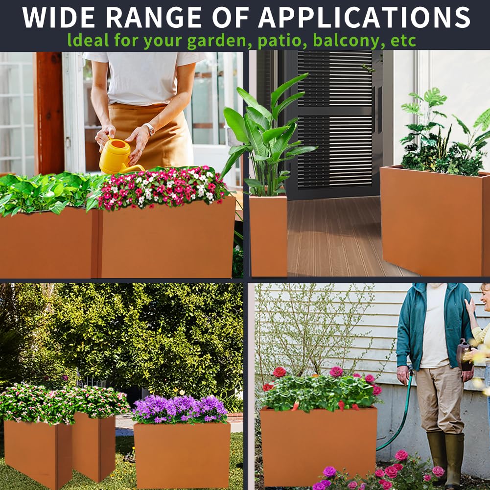 Megawodar Metal Tall Long Planter Box Large Rectangular Planter Flower Pot with Drainage Holes for Indoor Outdoor Deck Porch Garden Home Patio Front Door (Rusty Orange, 36" L x 10" W x 28" H)